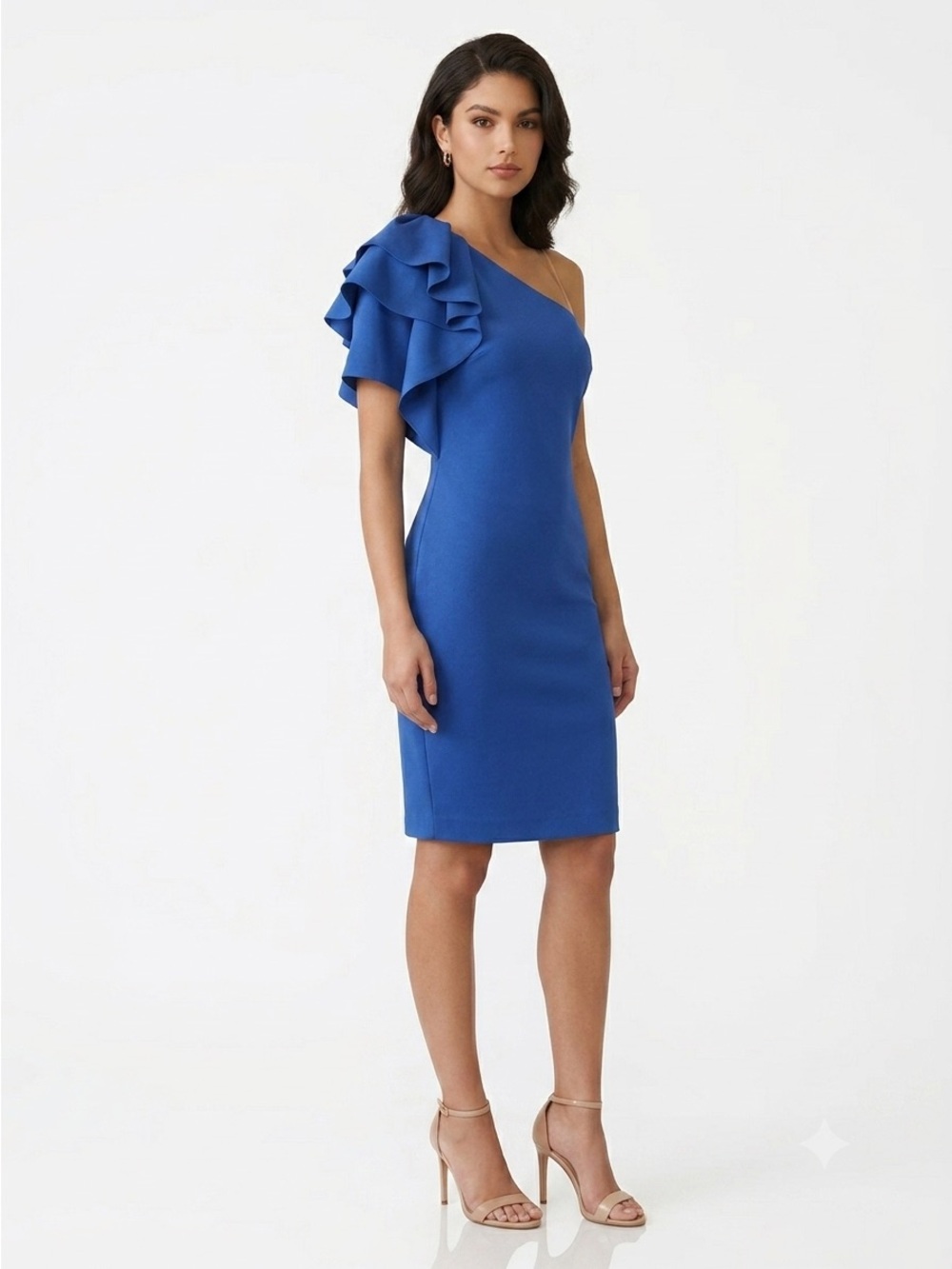 Belle Badgley Mischka Cobalt Blue One-Shoulder Ruffle Dress Size 8